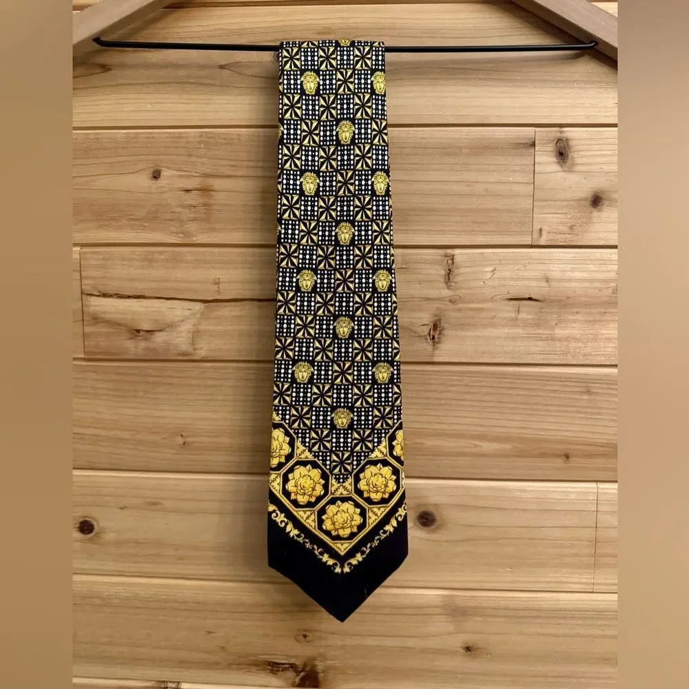 Vintage 90’s Gianni Versace Neiman Marcus Medusa Checker Silk Black Gold Tie